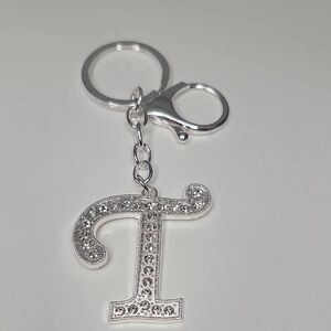 Letter T Initial T Alphabet T Rhinestone Silver Key Chain Bag Charm